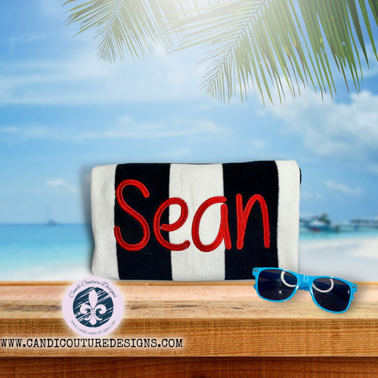 Custom Monogrammed Striped Cabana Beach Towel | Personalized Luxury Summer Essentials - Candicouturedesigns