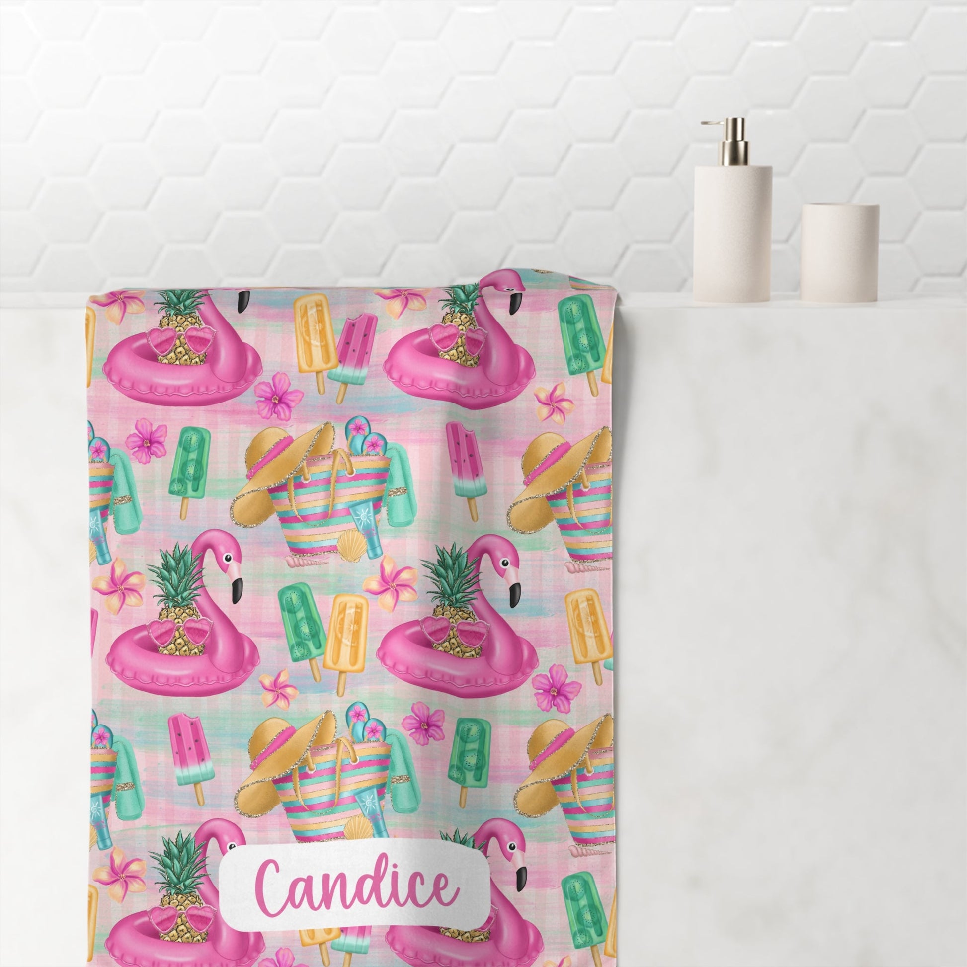 Custom Personalized Beach Towel Mink Cotton | Personalized Flamingos and Popsicles Print - Candicouturedesigns