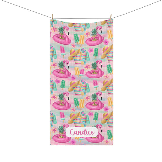 Custom Personalized Beach Towel Mink Cotton | Personalized Flamingos and Popsicles Print - Candicouturedesigns