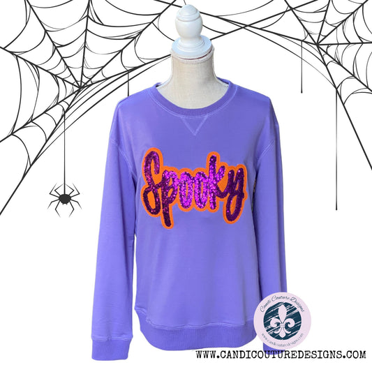 Custom Spooky Appliqué Sweatshirt | Purple Sequin with Orange Outline | Halloween Fashion - Candicouturedesigns