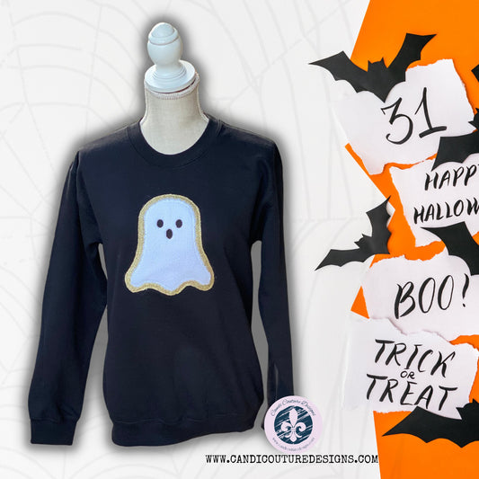 Ghost Appliqué Sweatshirt with Fuzzy Chenille & Glitter Outline | Halloween Cozy Sweatshirt - Candicouturedesigns