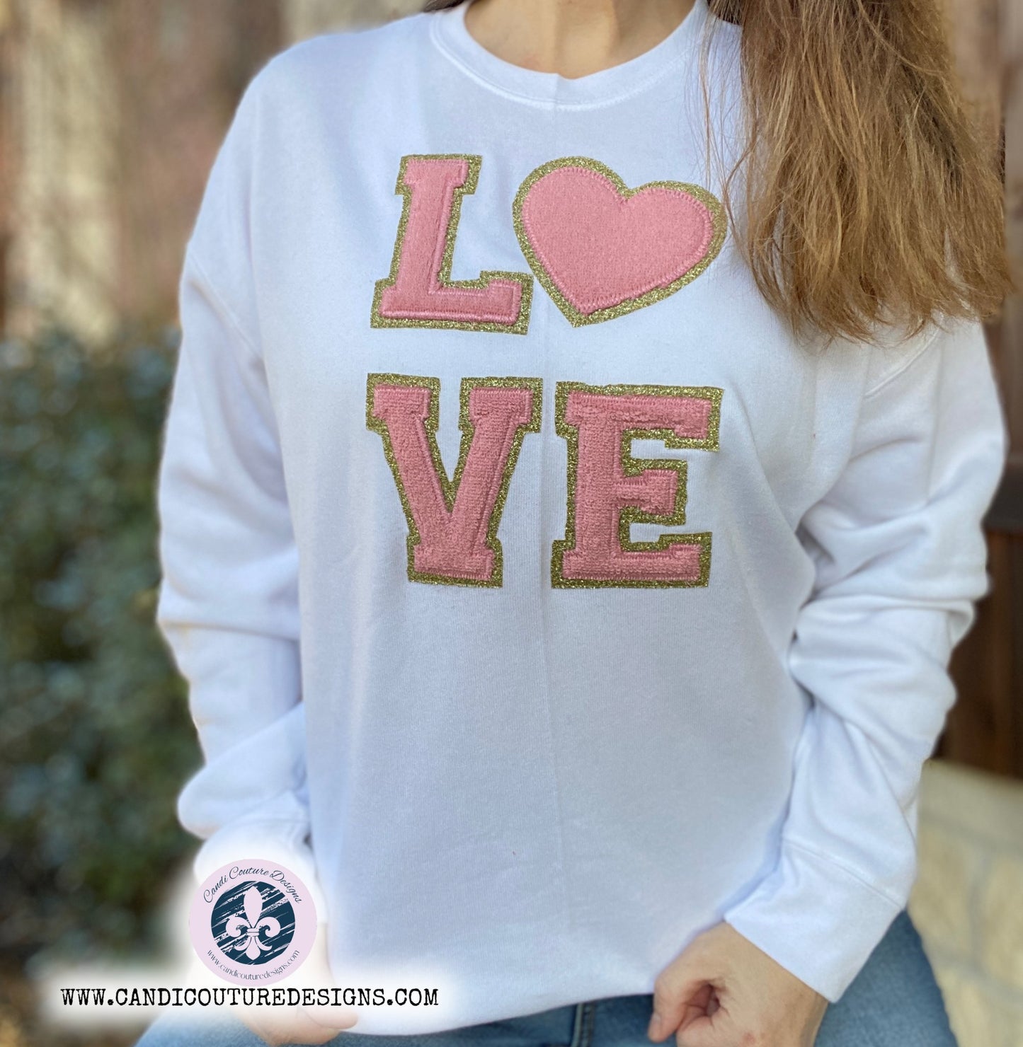 Love Sweatshirt in Faux Chenille Letters | Cozy Custom Apparel - Candicouturedesigns