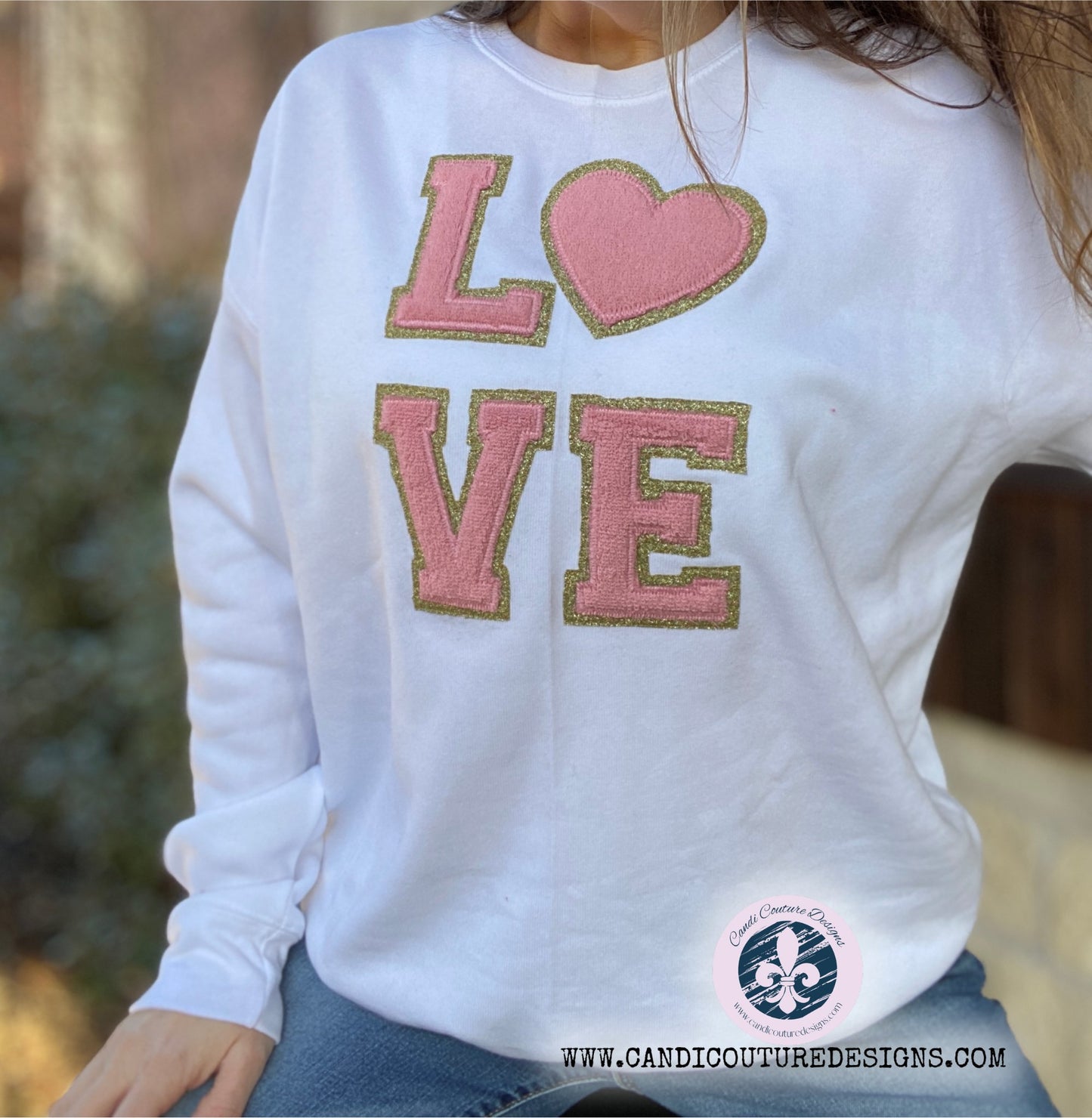 Love Sweatshirt in Faux Chenille Letters | Cozy Custom Apparel - Candicouturedesigns