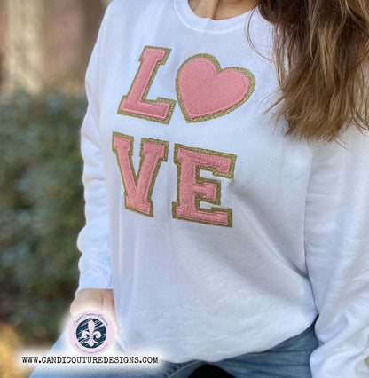 Love Sweatshirt in Faux Chenille Letters | Cozy Custom Apparel - Candicouturedesigns