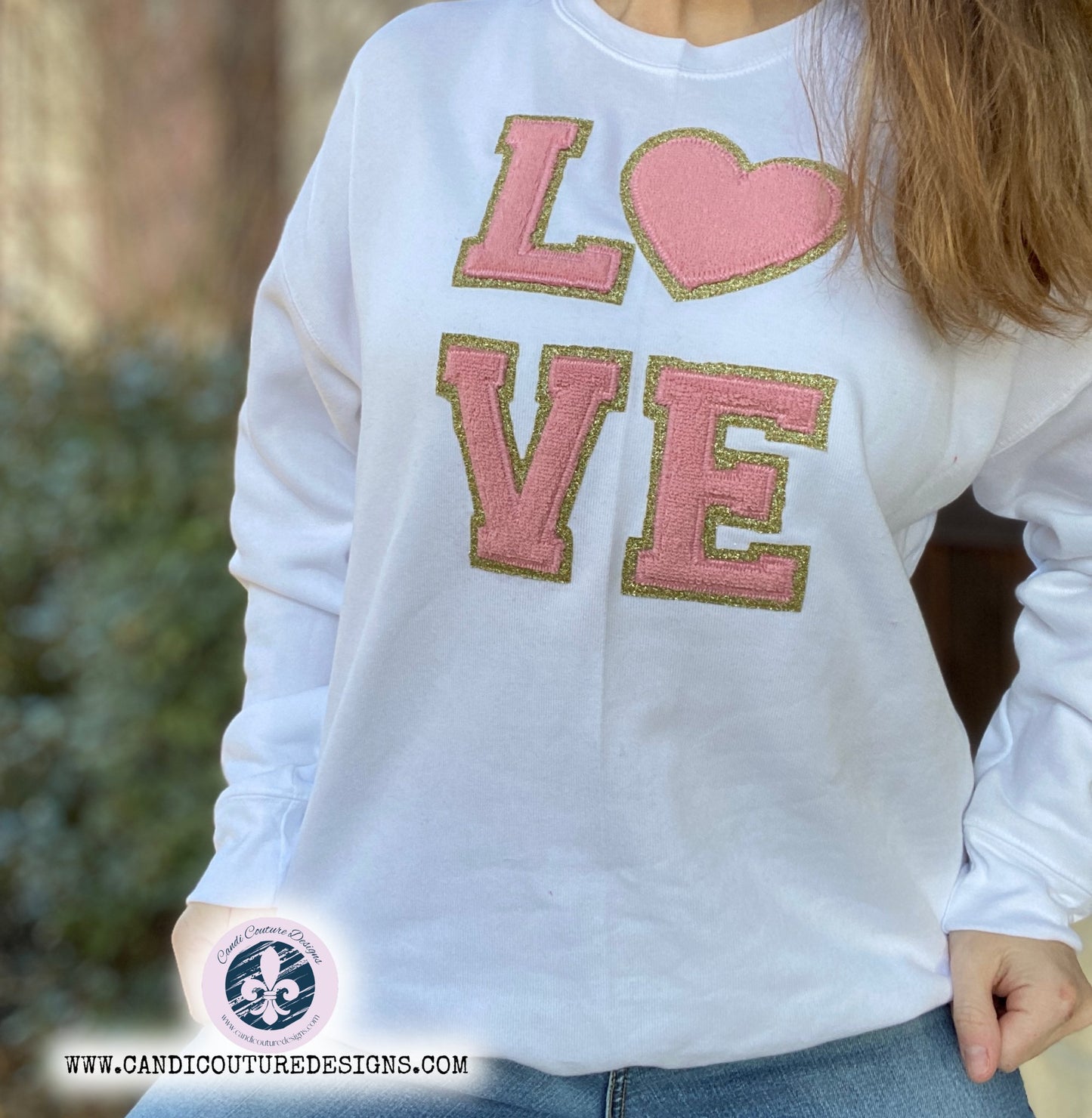 Love Sweatshirt in Faux Chenille Letters | Cozy Custom Apparel - Candicouturedesigns