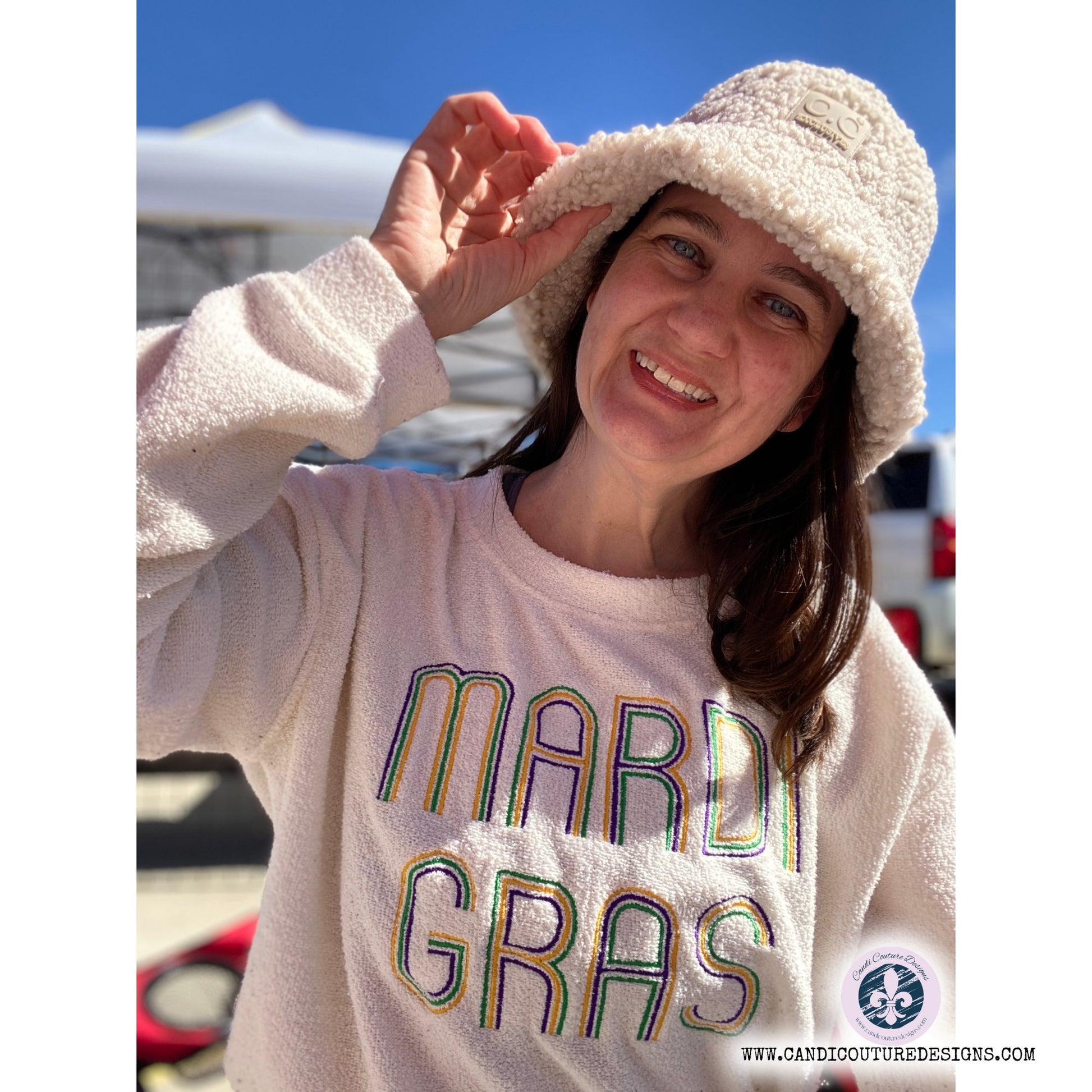 Mardi Gras Fuzzy Sherpa Pullover | Warm & Festive Sweatshirt - Candicouturedesigns