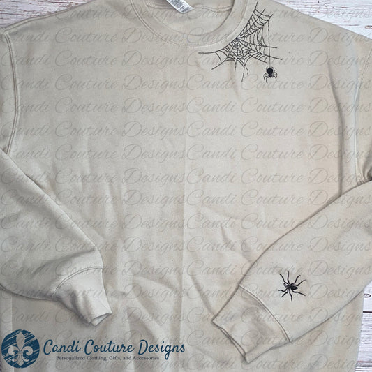 Spiderweb & Spider Embroidered Sweatshirt | Halloween Spider Design | Custom Fall Apparel - Candicouturedesigns